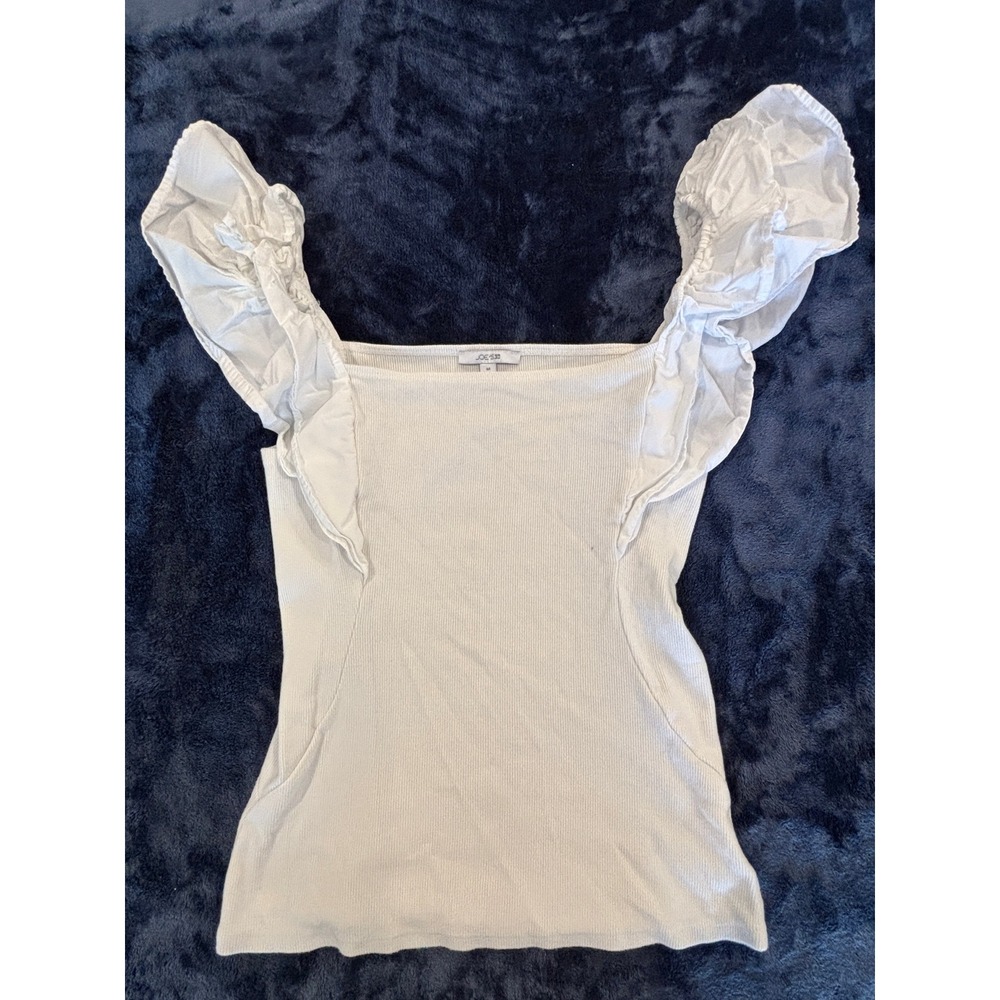 Joe's Jeans White Ribbed Ruffle Flutter Sleeve Square Neck Top Medium USA Made